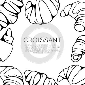 Square card with outline croissants and place for text. Banner with line art French baked treats. Bagel for breakfast. Vector