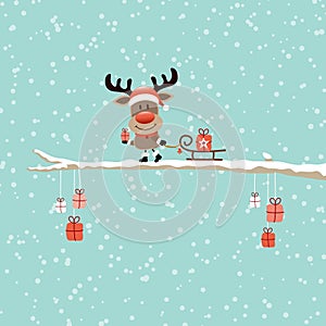 Square Card Reindeer With Sleigh On Bough Sky Turquoise