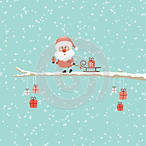 Square Card Santa Pulling Sleigh With Gift On Bough Turquoise