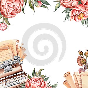 Square card with vintage typewriter, paper scrolls and peony flowers.