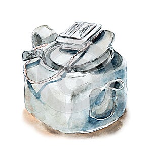 Square Chinese teapot, tea pot with strainer, sketch watercolor illustration