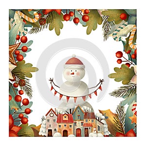 Square christmas frame for card or invitation with houses, poinsettia, lollipop, candy, berry, trees, branches, snowman.