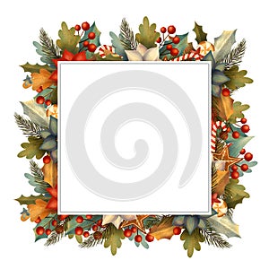 Square christmas frame for card or invitation with poinsettia, lollipop, candy, gingerbread, berry, leaves, branches.