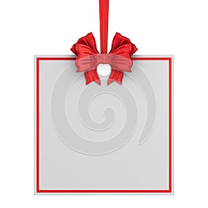 Square christmas label with red ribbon and bow on white background. Isolated 3D illustration