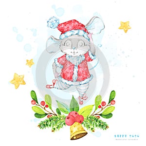 Square Christmas and New year 2020 greeting card with a watercolor illustration of a cute cartoon rat, mouse, ballet dancer, in a