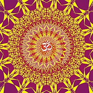Square circle openwork mandala. Red, yellow and purple colors. Sign Aum / Om / Ohm in center. Spiritual esoteric symbol. Vector