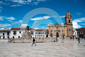 Square of the city of Tunja with statue of Simon Bolivar and the cathedral of the square. Colombia.