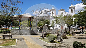 Square with colonial church on a sunny day in historic town Sao Luiz do Paraitinga, Brazil