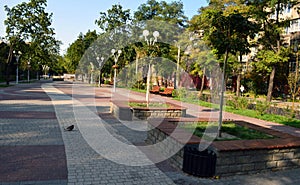 Square with colored tiles and benches