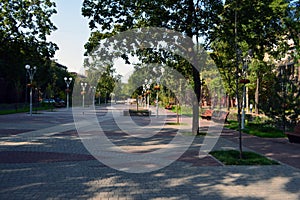 Square with colored tiles and benches