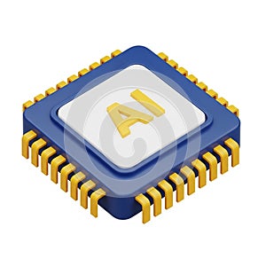 Square Computer Microchip with AI Text and Yellow Pins on White Background artificial intelligence