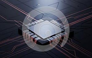 Square computer processor with metallic surface on a dark circuit board