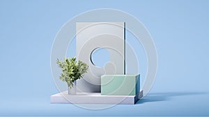 Square concrete gray arc with round hole near plants and mint colored showcase on light blue background. 3D rendering