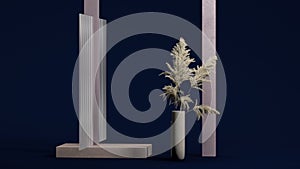 Square concrete podium display on dark blue background near small palm tree and different abstract figures. Minimal