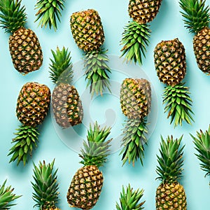 Square crop. Fresh pineapples on blue background. Top View. Pop art design, creative concept. Copy Space. Bright