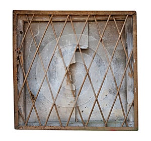 Square curved window in ched closed with metal grid  and cracked plywood isolated