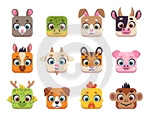 Square cute chinese animals. Cute horoscope muzzles, cartoon UI icons, wildlife and domestic characters avatars, app signs, funny