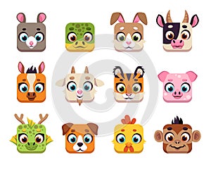 Square cute chinese animals. Cute horoscope muzzles, cartoon UI icons, wildlife and domestic characters avatars, app photo