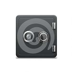 Square, dark gray safe with a combination dial and circular handle.