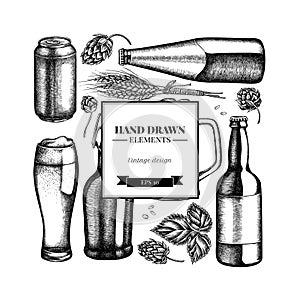 Square design with black and white rye, hop, mug of beer, bottles of beer, aluminum can