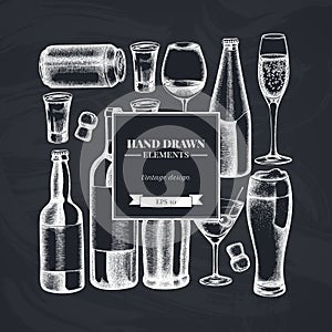 Square design with chalk glass, champagne, mug of beer, alcohol shot, bottles of beer, bottle of wine, glass of