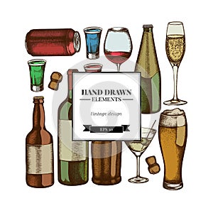 Square design with colored glass, champagne, mug of beer, alcohol shot, bottles of beer, bottle of wine, glass of