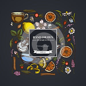 Square design on dark background with cinnamon, lemons, oranges, tea bag, sugar cubes, heather, chamomile, dog rose