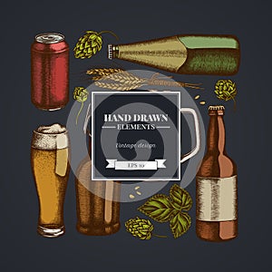 Square design on dark background with rye, hop, mug of beer, bottles of beer, aluminum can