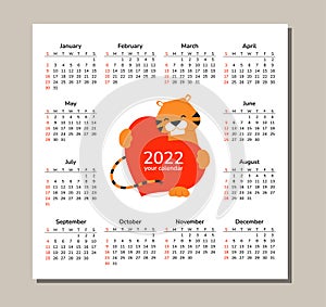 Square desk table wall calendar 2022. Happy New Year. Tiger. Chinese horoscope. Vector isolated cartoon illustration of