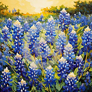 Square digital oil painting of blue lupine flowers in the field at sunset, impasto, printable wall art