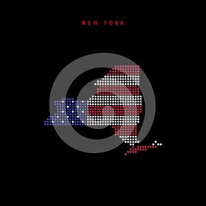 Square dots pattern map of New York. Dotted pixel map with US flag colors. Vector illustration