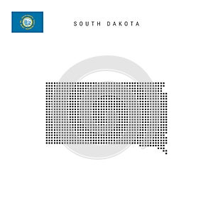 Square dots pattern map of South Dakota. Dotted pixel map with flag. Vector illustration