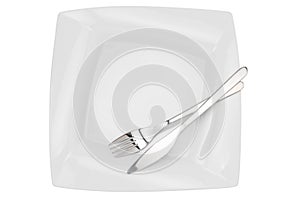 Square empty dish, knife and fork, top view