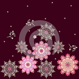 Square endless ethnic ornament with colorful flowers mandalas in vector. Indian, arabic motives. Print for fabric