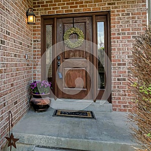 Square Entrance of a house with wooden front door and red bricks