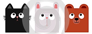 Square face animal set. Black cat kitten, white bunny rabbit, brown bear head face looking up. Forest animal set. Cute cartoon