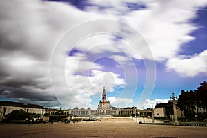 Square with faithful in front of the Sanctuary of Fatima in Portugal in a long exposure shot