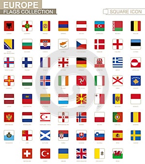 Square flags of Europe. From Albania to Wales