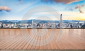 Square floor and city skyline background in Shenzhen