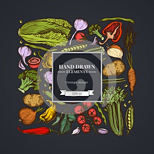 Square floral design on dark background with onion, garlic, pepper, broccoli, radish, green beans, potatoes, cherry