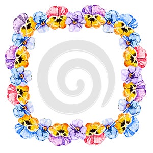 Square floral frame of flowers of viola pansy. The middle is empty for text invitations to the wedding, birthday, congratulations