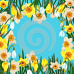 Square floral frame frame with daffodils, snowdrops, crocuses.