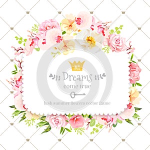 Square floral vector design frame. Orchid, wild rose, camellia flowers and fresh green leaves
