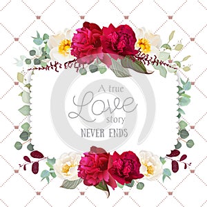 Square floral vector frame with peony, wild rose, mint eucaliptus and burgundy red leaves on white.