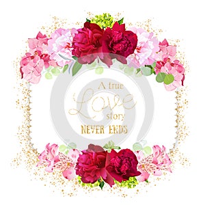 Square floral vector frame withpink peonies, hydrangea on white