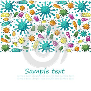 Square flyer, banner. Set of cartoon microbes in hand draw style. Coronavirus, viruses, bacteria