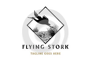 Square Flying Stork Heron Silhouette Bird with Grass River Creek Lake Swamp Logo Design Vector