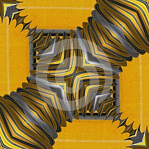 square format pattern and design of metallic mobius ring with yellow grey black and white striped patterns