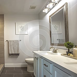 Square frame Bathroom interior with a bathtub in front of thee vanity area and mirror
