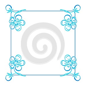 Square frame with beautiful delicate vintage floral pattern Marker bright blue flower with leaves hand drawn line stroke